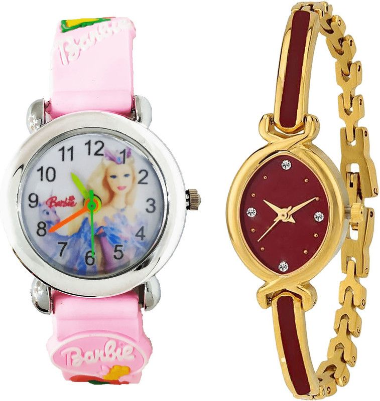 combo watch Analog Watch - For Girls Latest Love Barbie Doll Analogue Pink And Gold Color Girls And Women Watch - G323-G122 (Combo of 2 )