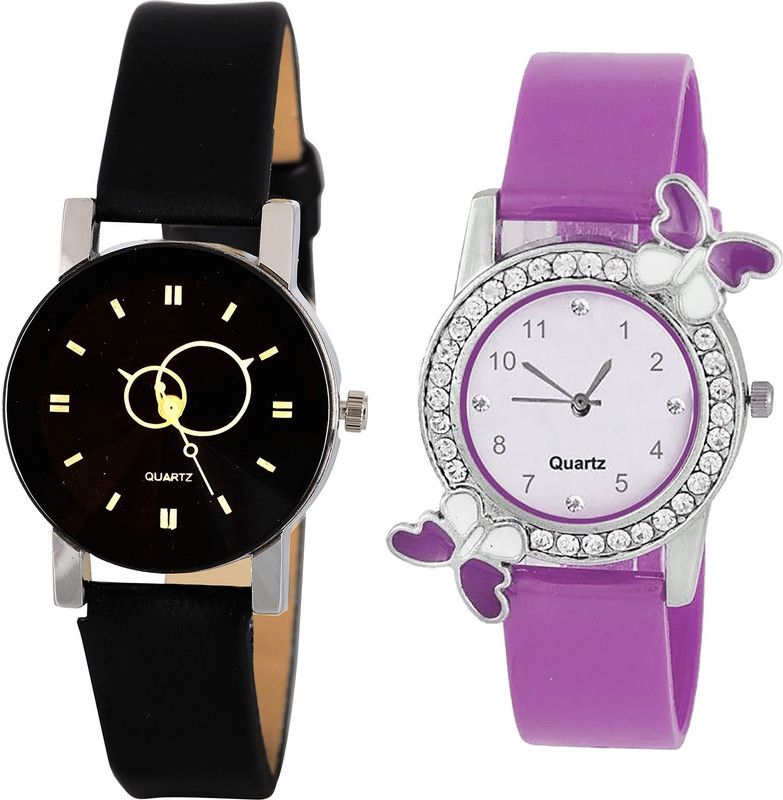 combo watch Analog Watch - For Girls Contemporary Professional Geometric Design And Butterfly Analogue Black And Purple Color Girls And Women Watch - G386-G100 (Combo of 2 )