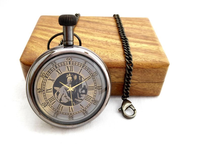 k.v handicrafts Antique Brass Analog Gandhi Watch / Pocket Watch With Stylish Wooden Box KVPW-BA-50-P-00006 Brass Antique Brass Pocket Watch Chain