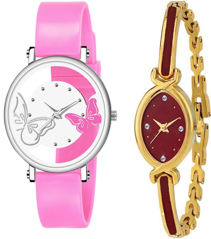 Analog Watch - For Women New Designer Dual White And Pink Color Dual Batterfly And Maroon color Dial Bangle Bracele Combo