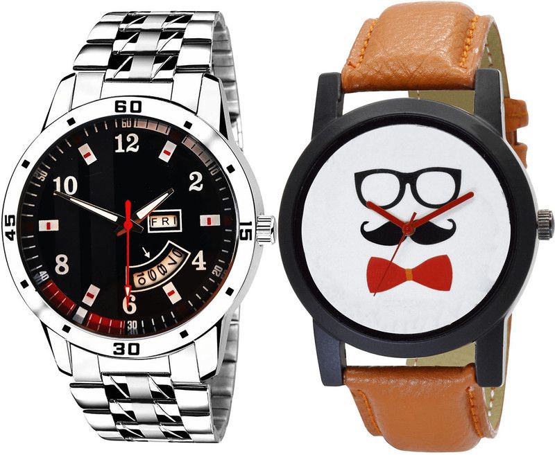 combo watch Analog Watch - For Men Classical Quartz Day And Date And Beard Style Analog Silver And Brown Color Boys And Men Watch - B190-B53 (Combo Of 2 )