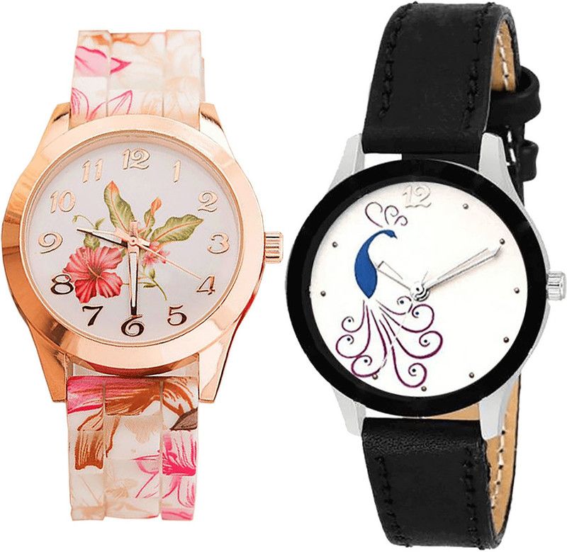 combo watch Analog Watch - For Girls Treading Fancy Flower And Peacock Analogue White And Black Color Girls And Women Watch - G305-G271 (Combo of 2 )