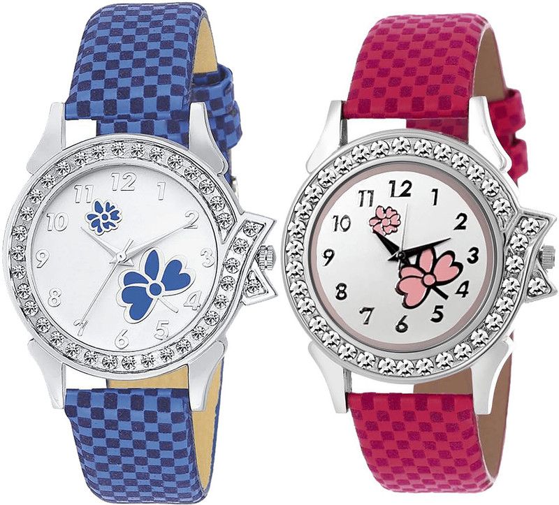 combo watch Analog Watch - For Girls Brand New Designer Flower Analogue Blue And Pink Color Girls And Women Watch - G127-G128 (Combo Of 2 )