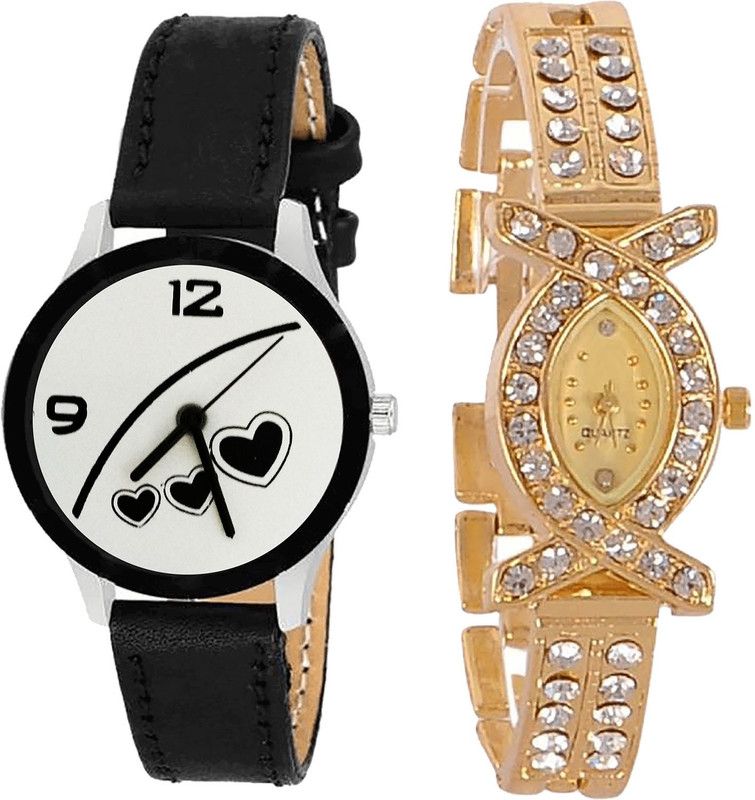combo watch Analog Watch - For Girls Contemporary Present Love Valentine Analogue Black And Gold Color Girls And Women Watch - G342-G125 (Combo of 2 )