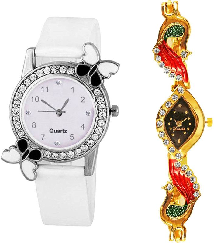 combo watch Analog Watch - For Women Latest Love Butterfly And Peacock Analogue White And Gold Color Girls And Women Watch - G102-G117 (Combo Of 2 )
