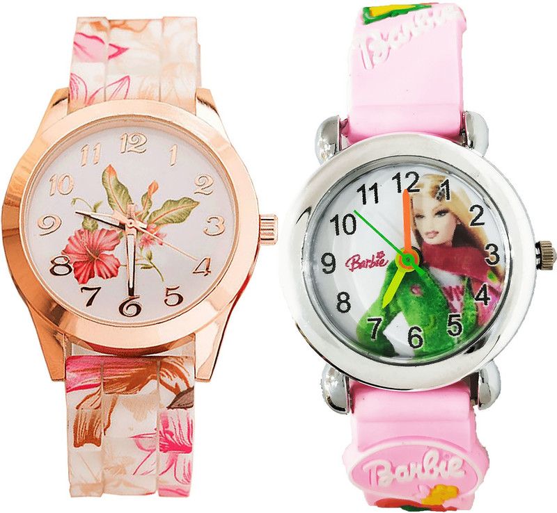 combo watch Analog Watch - For Girls Modern Heart Flower And Barbie Doll Analogue White And Pink Color Girls And Women Watch - G305-G324 (Combo of 2 )