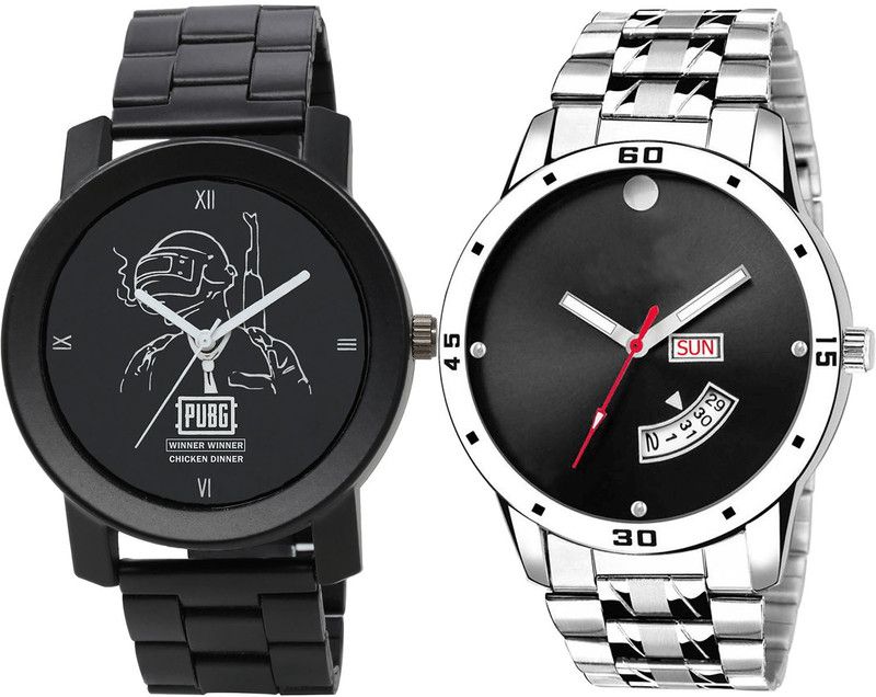 combo watch Analog Watch - For Men Brand New Heart PUBG Military Army And Day And Date Analog Black And Silver Color Boys And Men Watch - B165-BL46.104 (Combo Of 2 )