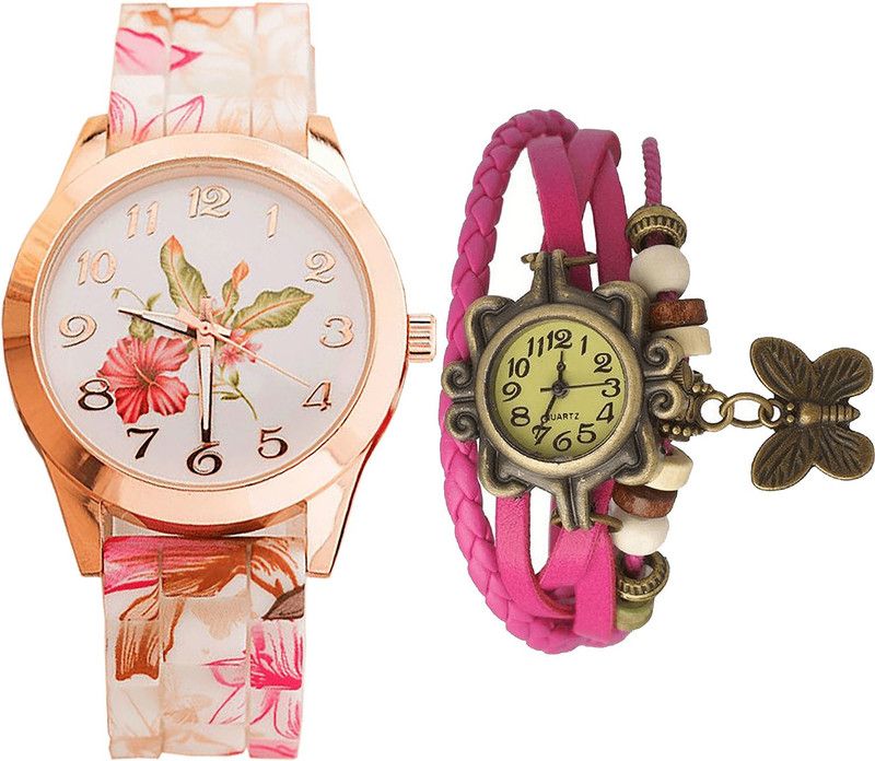 combo watch Analog Watch - For Girls Latest Italian Designer Flower And Butterfly Analogue White And Pink Color Girls And Women Watch - G305-G63 (Combo of 2 )