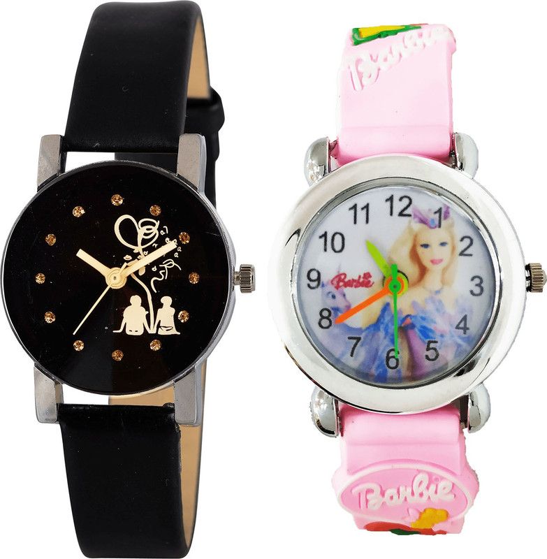 combo watch Analog Watch - For Girls Latest Fashion Love Valentine Couple And Barbie Doll Analogue Black And Pink Color Girls And Women Watch - G389-G323 (Combo of 2 )