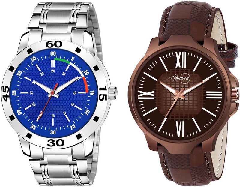 Leather & Stainless Steel Strap Analog Watch - For Boys New Attractive Professional Multi Color Round Dial Men Watch Combo Pack of 2
