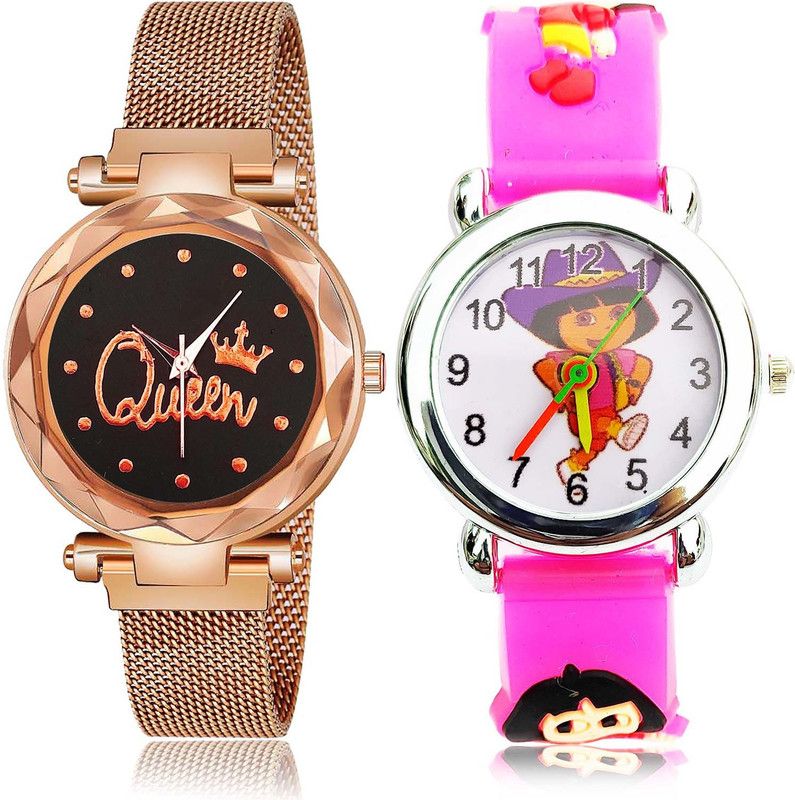Analog Watch - For Women Latest Exclusive Queen Magnet Chain And Dora The Explorer Kids 2 Watch Combo For Girls And Women - G538-GC191