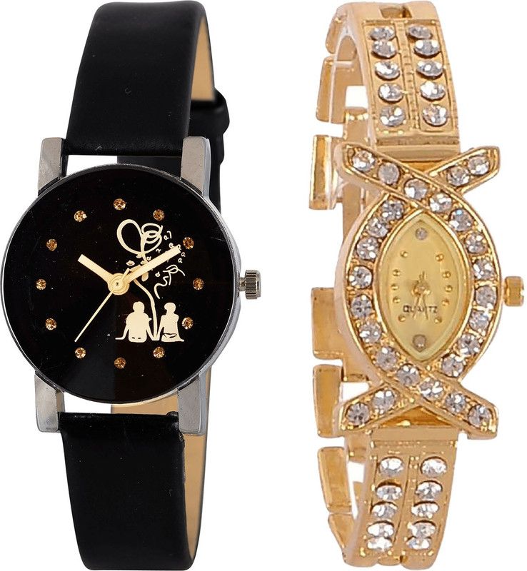 combo watch Analog Watch - For Girls Latest Present Love Valentine Couple Analogue Black And Gold Color Girls And Women Watch - G389-G125 (Combo of 2 )
