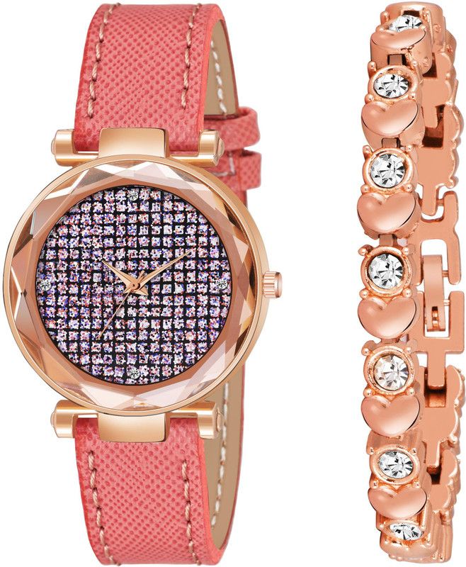 Designer Fashion Wrist Analog Watch - For Girls New Fashion Full Daimouns dial Orange Leather Strap With Copper Bracelet For Girl