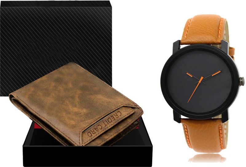 Combo Of Brown Color Artificial Leather Wallet & Analog Watch - For Men WL04-LR20