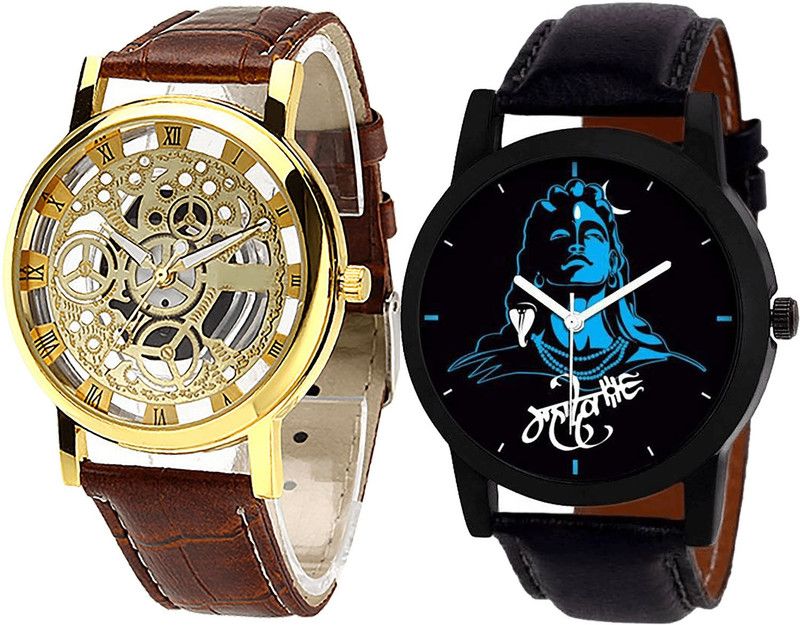 combo watch Analog Watch - For Men Treading Designer Open And Mahadev Analogue Brown And Black Color Boys And Men Watch - B45-B23 (Combo Of 2 )
