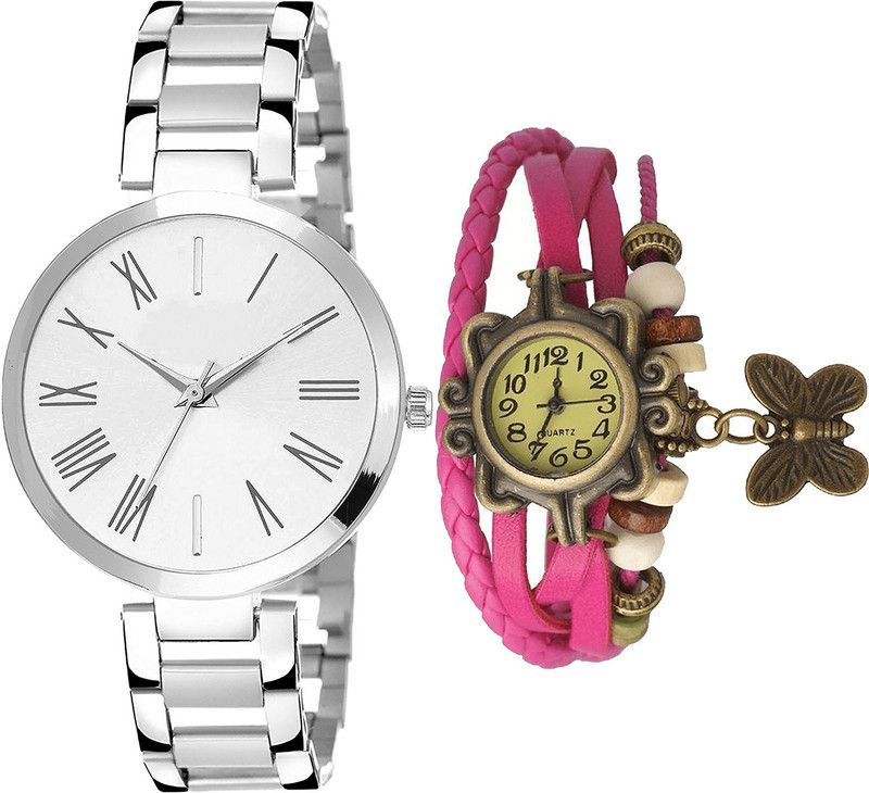combo watch Analog Watch - For Girls Classical Quartz Butterfly Analogue Silver And Pink Color Girls And Women Watch - G300-G63 (Combo of 2 )