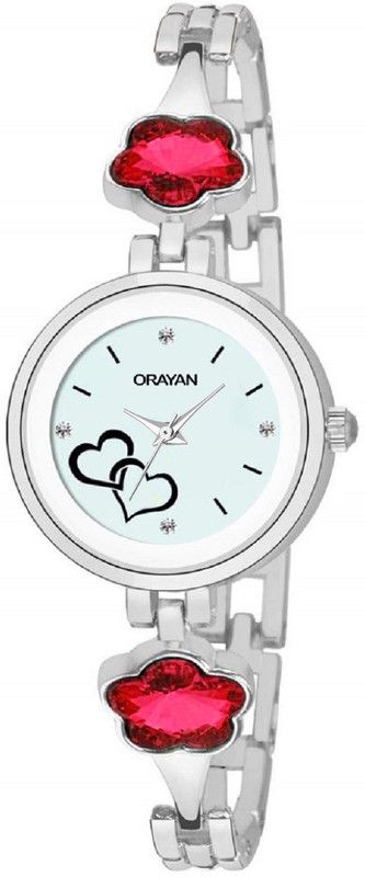 Fashionable Ethnic White Dial Red Flower Stone Silver Bracelet Strap Analog Watch - For Women OEWQZ3010RD