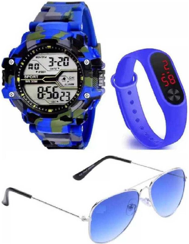 digital Digital Watch - For Boys NEW GENERATION WATCH-02-SUNGLASS-01 NEW COMBO FOR MEN'S AND BOY'S BEAST DEAL AND FAST SELLING PRODUCT BRANDED AMERICAN ARMY MILITARY SILICON STRAP LED UV PROTECTION BLACK AVIATOR SUNGLASS Digital Watch - For Boys
