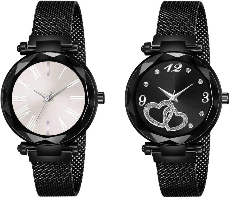 Designer Fashion Wrist Analog Watch - For Girls New Fashion Silver Color Roman Digit& Silver Dual heart dial Black Maganet Strap For Girl