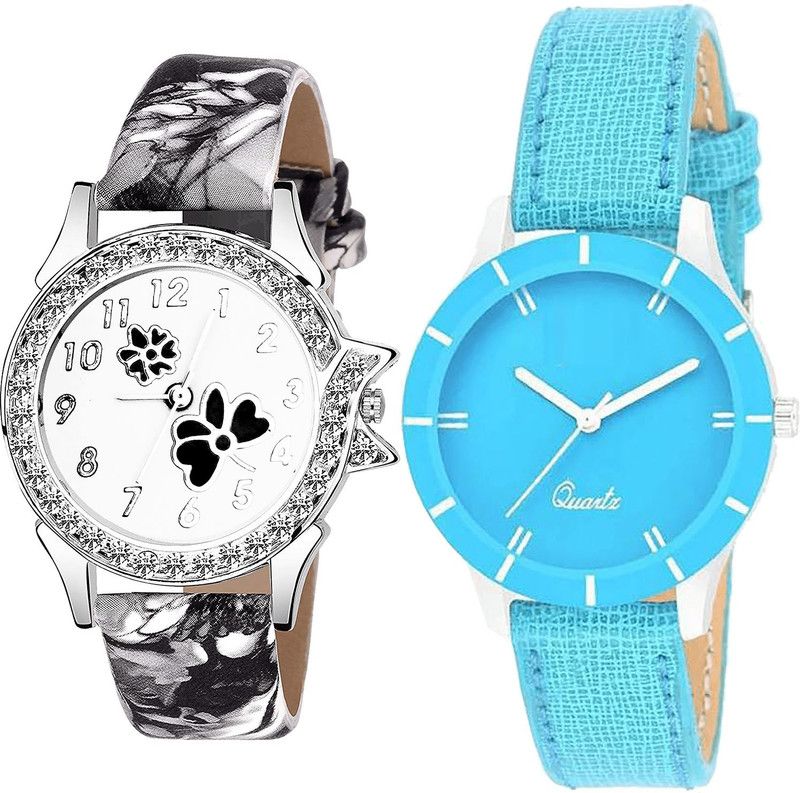 combo watch Analog Watch - For Girls New Casual Flower Dimond Analogue Black And Blue Color Girls And Women Watch - G408-G269 (Combo Of 2 )