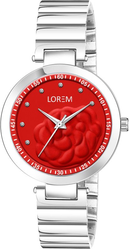 Flower Design Red Designer Dial Silver Metal Strap Round Analog Watch - For Women FZ-LR317