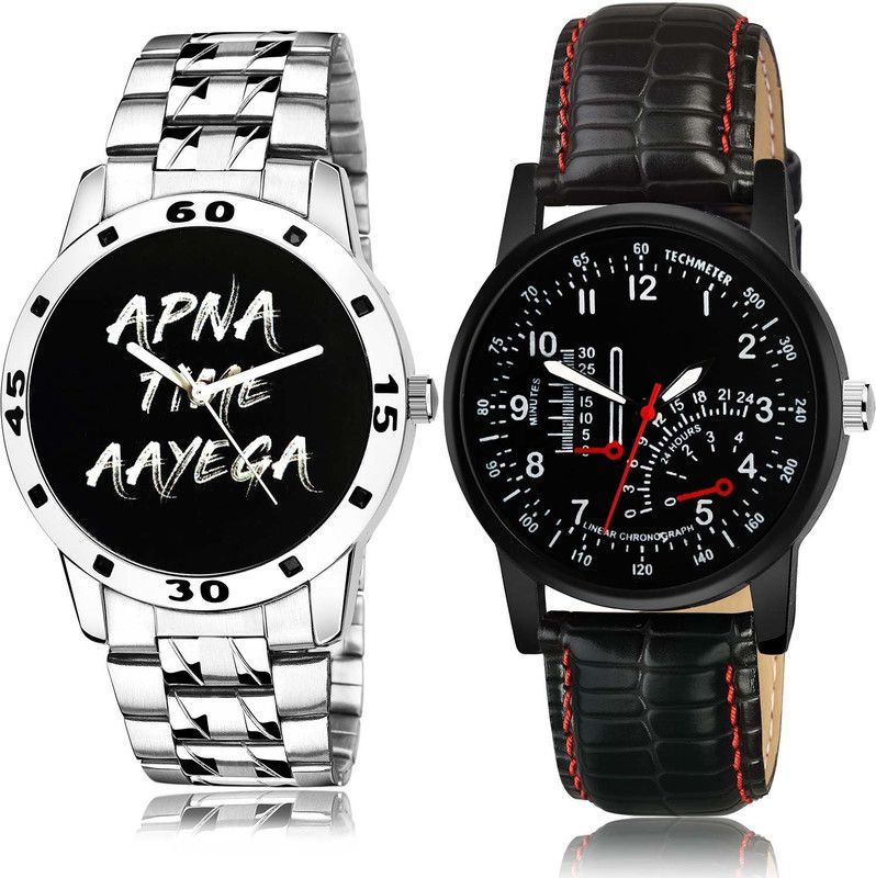 combo watch Analog Watch - For Boys Treading Heart Apna Time Aayega Chain Watch Silver And Black Color Boys And Men Watch - B414-B898 (Combo Of 2)