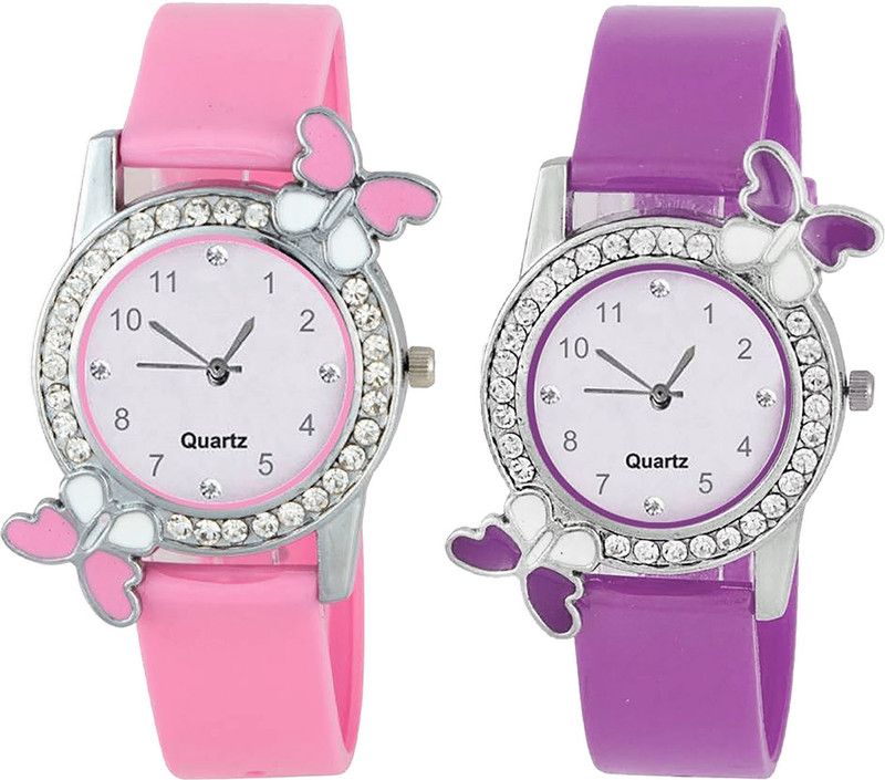 combo watch Analog Watch - For Girls Modish Fashion Butterfly Analogue Pink And Purple Color Girls And Women Watch - G99-G100 (Combo Of 2 )