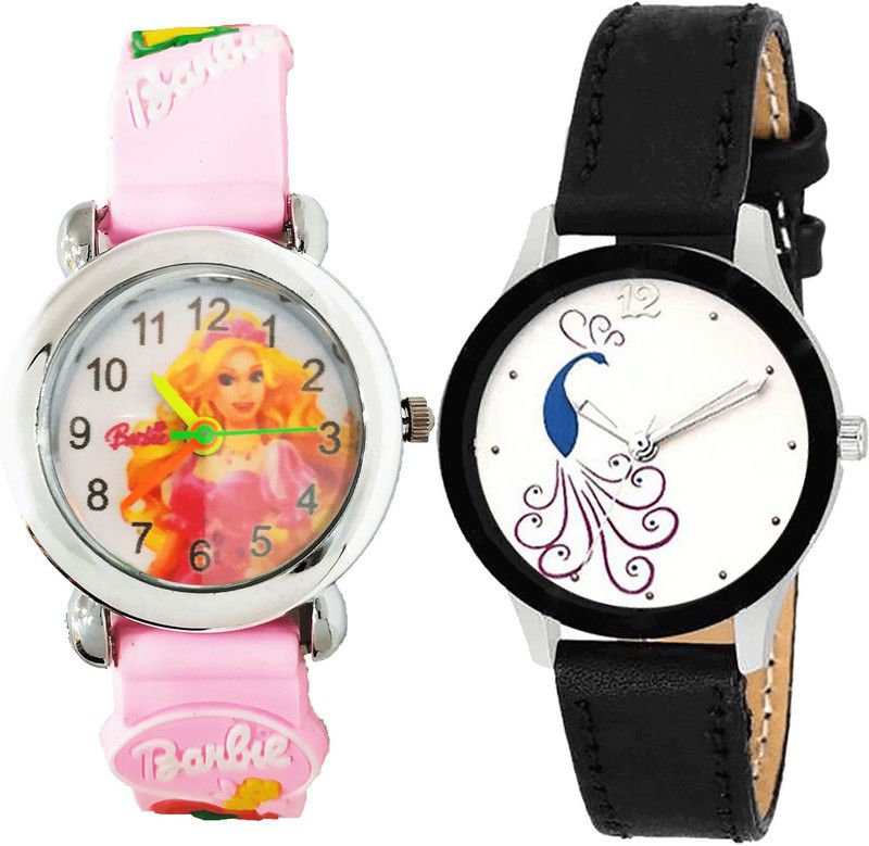 combo watch Analog Watch - For Girls Best Quartz Barbie Doll And Peacock Analogue Pink And Black Color Girls And Women Watch - G320-G271 (Combo of 2 )