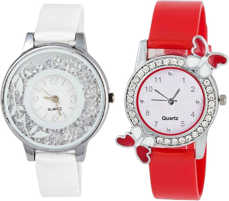 combo watch Analog Watch - For Girls Modern Wrist Flower And Butterfly Analogue White And Red Color Girls And Women Watch - G90-G101 (Combo Of 2 )