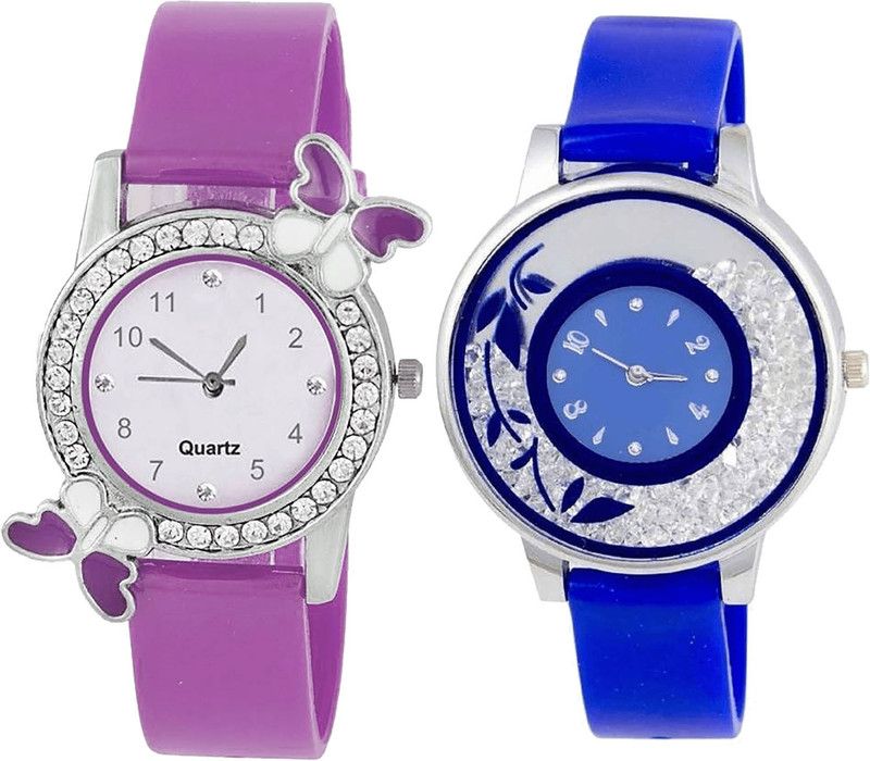 combo watch Analog Watch - For Girls Modern Exclusive Butterfly And Flower Analogue Purple And Blue Color Girls And Women Watch - G100-G87 (Combo Of 2 )