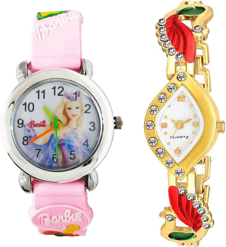 combo watch Analog Watch - For Girls Latest Collegian Barbie Doll And Peacock Analogue Pink And Gold Color Girls And Women Watch - G323-G116 (Combo of 2 )