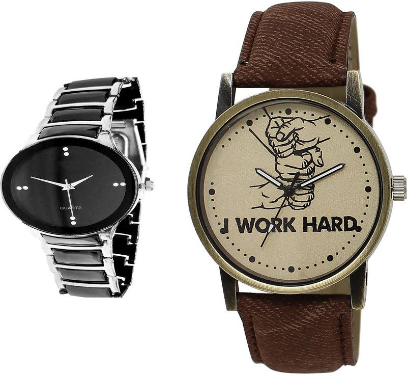 combo watch Analog Watch - For Girls Brand New Fashionable I Work Hard Analogue Black And Brown Color Boys And Men Watch - B68-BL46.29 (Combo Of 2 )
