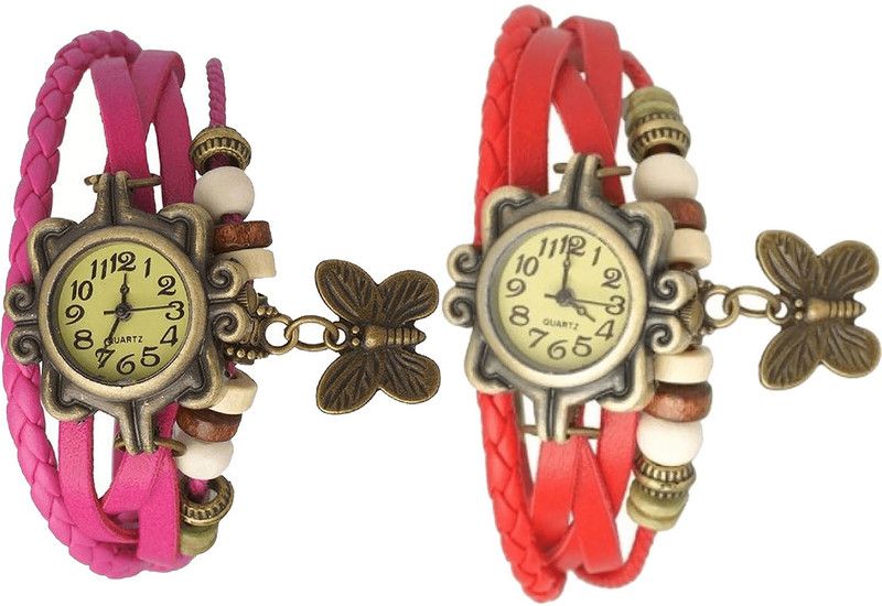 combo watch Analog Watch - For Girls Modern Party Wedding Butterfly Analogue Pink And Red Color Girls And Women Watch - G63-G65 (Combo Of 2 )
