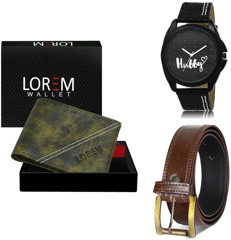 Men Combo Of Black Watch-Green Arificial Leather Wallet & Brown Brown Analog Watch - For Men CM-LR31-WL34-BT07-BKL05