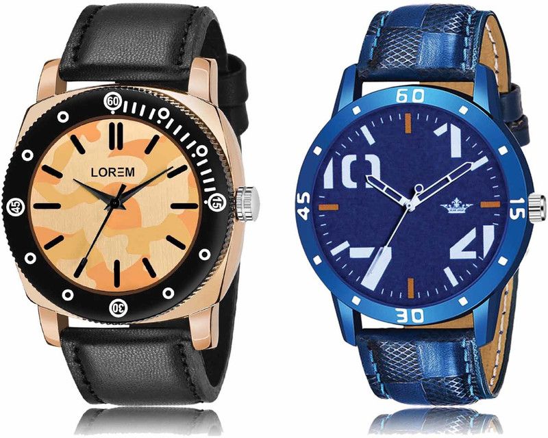 Set Of 2 Casual Round Synthetic Leather Analog Watch - For Men OB-LR52-LR59