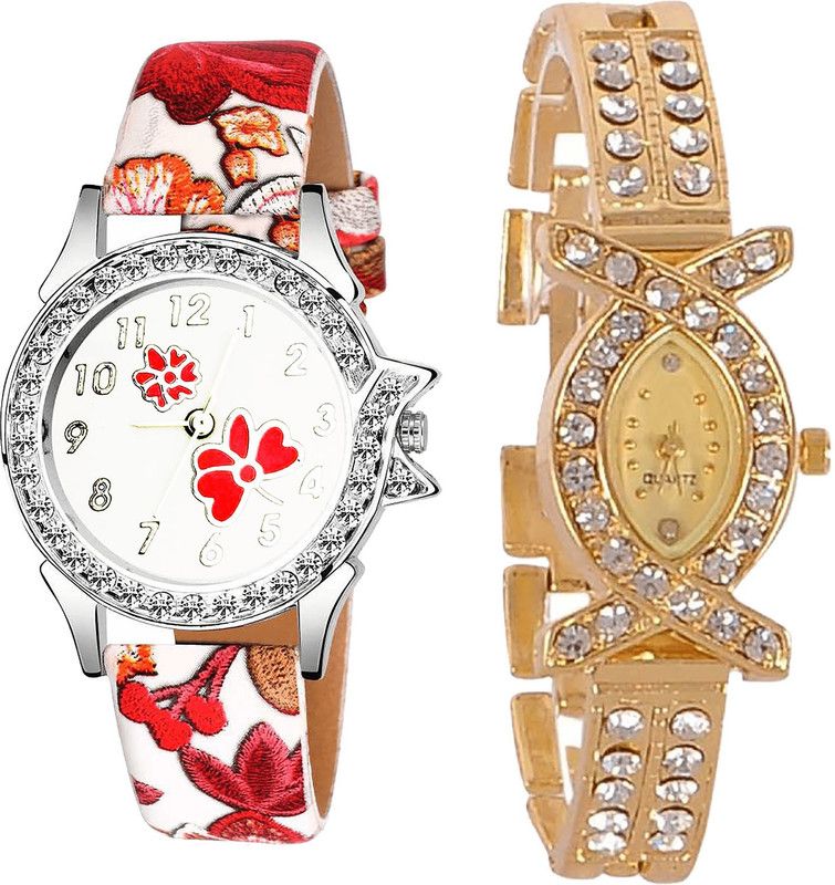 combo watch Analog Watch - For Girls Classical 3D Design Flower Dimond Analogue Red And Gold Color Girls And Women Watch - G409-G125 (Combo of 2 )