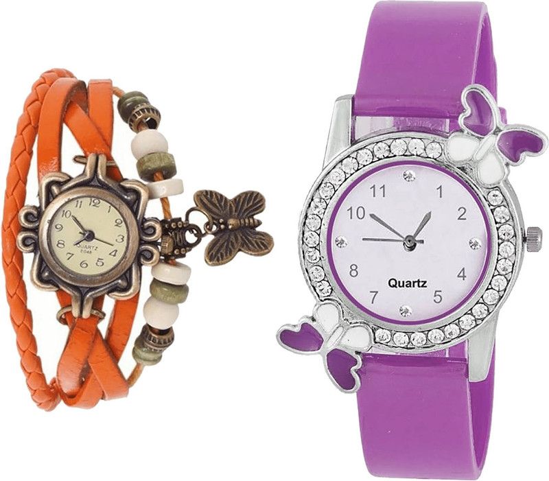 combo watch Analog Watch - For Girls Contemporary Model Butterfly Analogue Orange And Purple Color Girls And Women Watch - G62-G100 (Combo Of 2 )