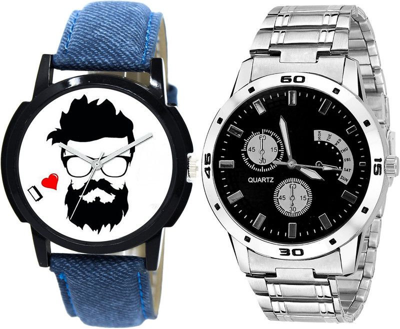 combo watch Analog Watch - For Girls Modish Rich Beard Style Analogue Blue And Silver Color Boys And Men Watch - B12-B83 (Combo Of 2 )
