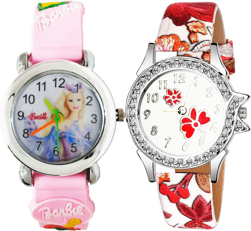 combo watch Analog Watch - For Girls Best Professional Barbie Doll And Flower Dimond Analogue Pink And Red Color Girls And Women Watch - G323-G409 (Combo of 2 )
