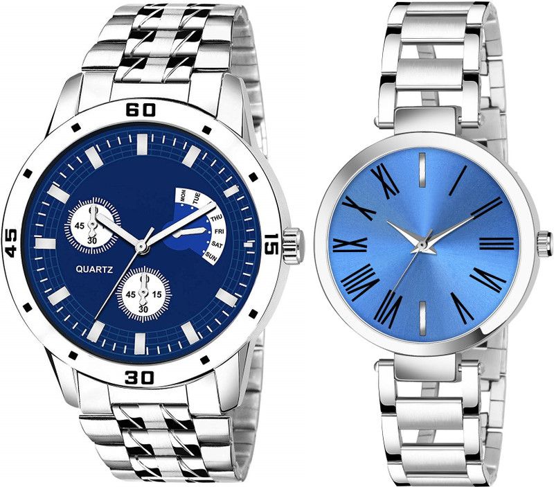 Analog Watch - For Couple Stylish New Blue Dial Pack Of 2 Watch For Men and Women