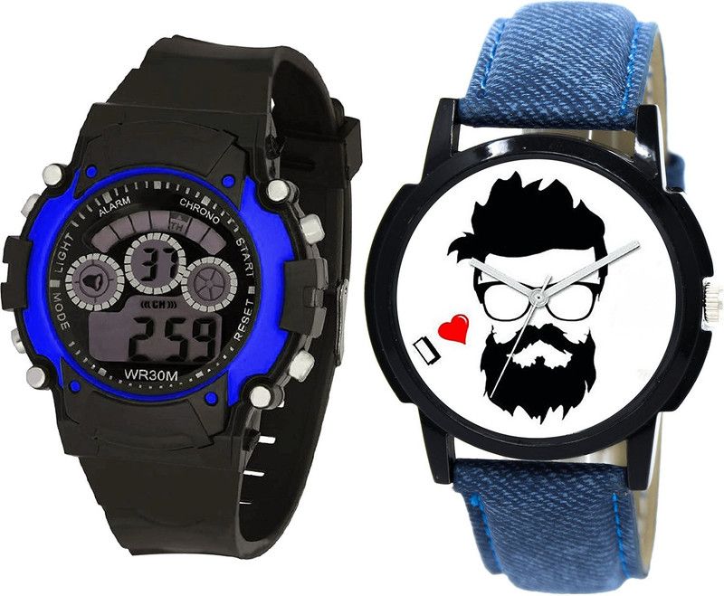 combo watch Analog Watch - For Girls Classical Professional Kids And Beard Style Analogue Black And Blue Color Boys And Men Watch - B2-B12 (Combo Of 2 )