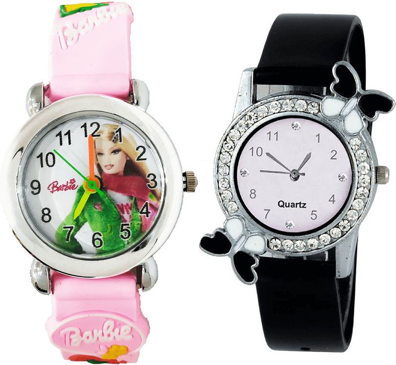 combo watch Analog Watch - For Girls Treading Quartz Barbie Doll And Butterfly Analogue Pink And Black Color Girls And Women Watch - G324-G97 (Combo of 2 )