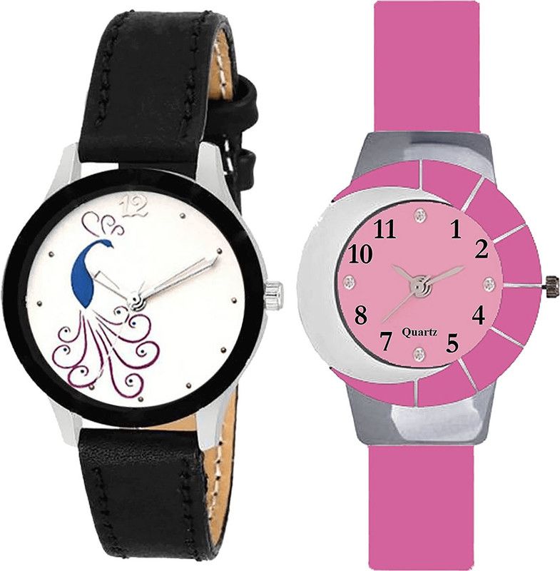 combo watch Analog Watch - For Girls Latest Luxury Peacock Analogue Black And Pink Color Girls And Women Watch - G271-G9 (Combo of 2 )