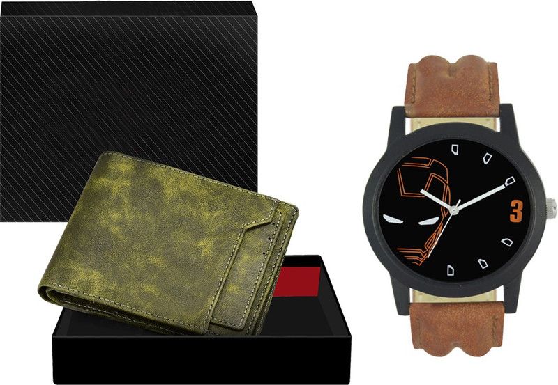 Combo Of Green Color Artificial Leather Wallet & Analog Watch - For Men WL16-LR04