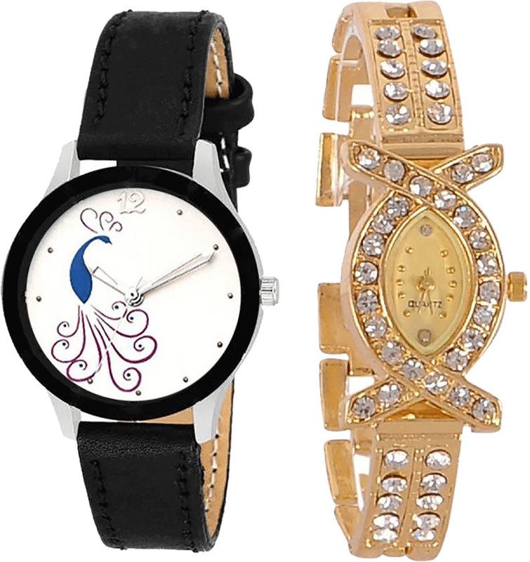 combo watch Analog Watch - For Girls Modern Casual Peacock Analogue Black And Gold Color Girls And Women Watch - G271-G125 (Combo of 2 )