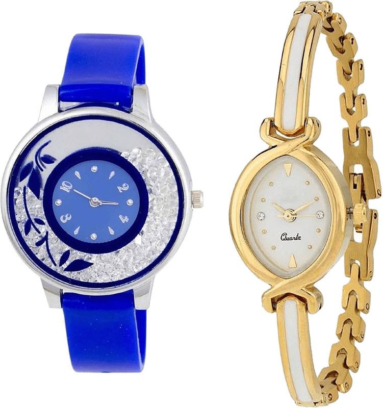 combo watch Analog Watch - For Girls New Casual Flower Analogue Blue And Gold Color Girls And Women Watch - G87-G123 (Combo Of 2 )