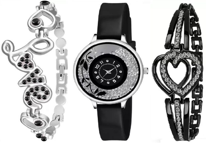 Analog Watch - For Girls SW-341 Exclusive New Combo Pack Of 2 Black PU Strap 2 Bracelet For Women