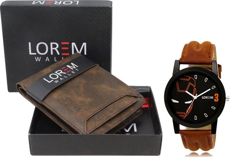 Combo Of Brown Color Artificial Leather Wallet & Analog Watch - For Men 04-LR04