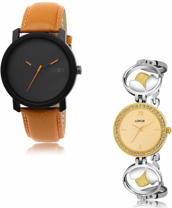 Analog Watch - For Men & Women LR Women LR20-LR258 Black-Peach Plain-Brass Designer Combo of 2