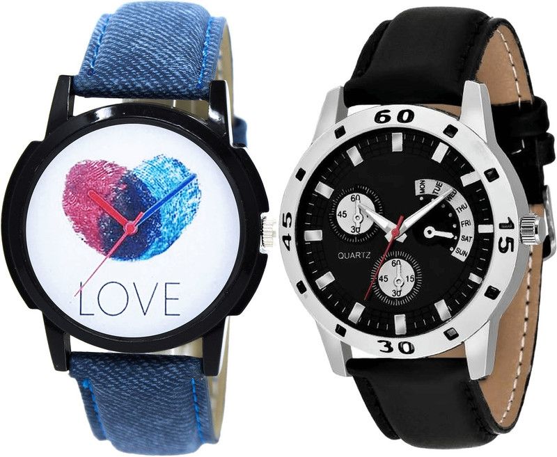 combo watch Analog Watch - For Girls New Fashionable Love Analogue Blue And Black Color Boys And Men Watch - B11-B58 (Combo Of 2 )